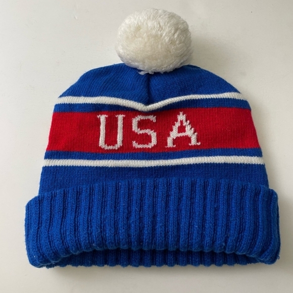 Polo Ralph Lauren Hat Knit Wool Blend Red Blue Pom Pom Beanie USA Print Out - Picture 3 of 3